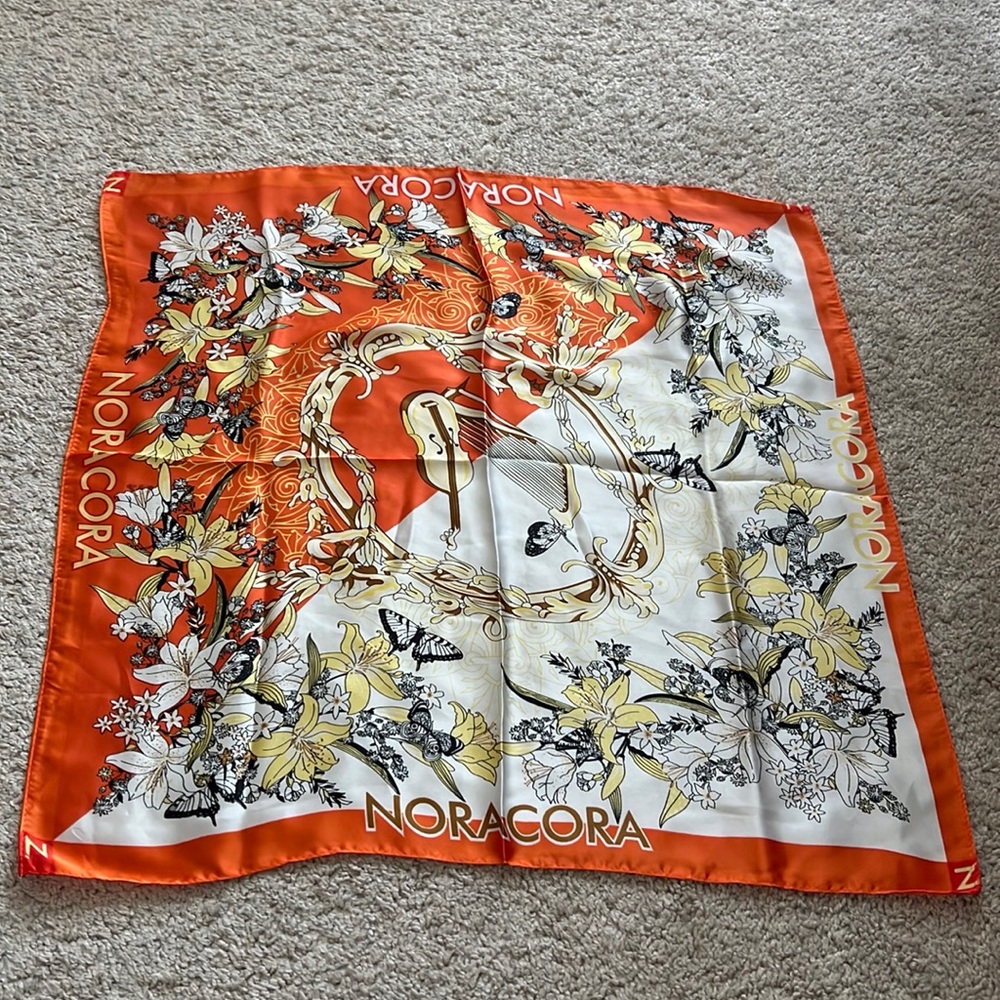 NORACORA Orange Silk‎ Scarf w/ Music & Butterflies, 21” x 21”